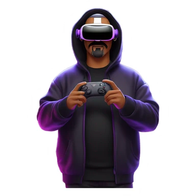 Big Lebowski wearing a black hoodie with "OMG" letters on it and VR headset oculus quest 2 in a cyberpunk VR environment with violet neon lighting. sticker