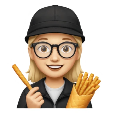 num num eatting hashbrown sticks with a plain black cap and glasses no hair sticker