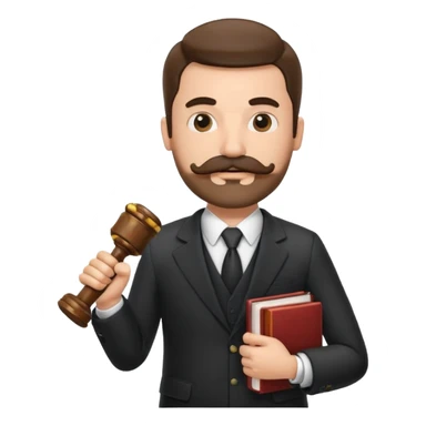 Create a male lawyer. he is wearing a fromal suit jckeret. He is holding a gavel in one hand and a book tucked under his another arm. He has a mustache and BEARD both! sticker