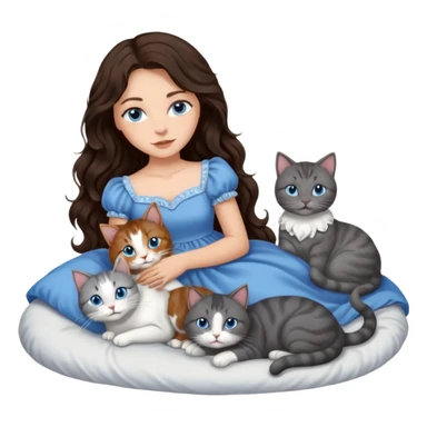 detailed realistic looking a dark grey and white cat regally laying with six other cats, cuddling with their owner in bed who is a pretty bratz lightly tanned white girl with long dark brown hair, blue eyes and gorgeous long wavy hair wearing a pretty detailed dress sticker