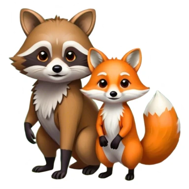 Collage of a raccoon and a fox, in close-up, set in a beautiful forest with tall trees, green bushes, and sunlight filtering through the leaves and flowers. A vibrant, wild atmosphere with a transparent background. sticker