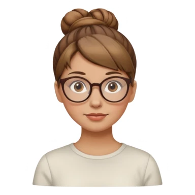 femme de 38 ans avec des cheveux châtain clair, un chignon haut, yeux bruns, lunettes rondes sticker