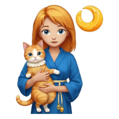 lightly tanned skin, blue eyes, cute and sexy girl with bright yellow-brown hair in a dark sky pallete robe, golden rings, slight cute makeup, full body, slightly turned aside pose, holding a cat in hands sticker
