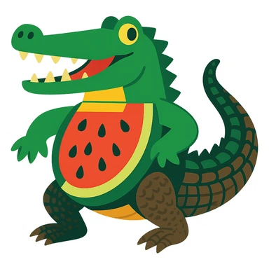 playful crocodile with a sliced watermelon torso, detailed realistic crocodile tail and legs sticker