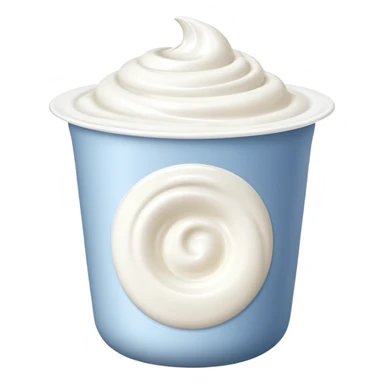 small yogurt cup with smooth rounded shape, open top showing creamy white yogurt inside, glossy slightly domed surface with subtle swirl or soft peak, plain unbranded white or light-colored cup, no spoon, fruit, or extras, soft lighting, subtle shadows, emoji scale sticker