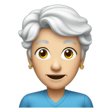 elderly woman speaking loudly blue shirt sticker