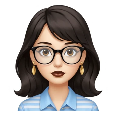 An emoji featuring a woman with long wavy dark brown hair and a whispy bang, wearing thick black square glasses, gold drop earrings. She has long lashes and a nude browny glossy lipstick. She's wearing an oversize light blue shirt with white vertical strips. sticker