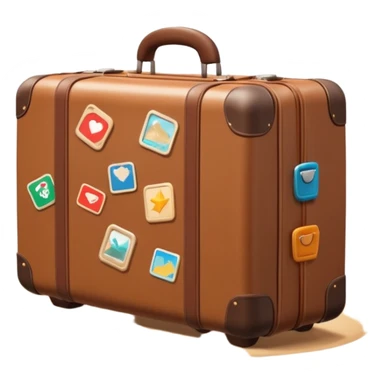 A 3D cartoon suitcase placed on the ground with travel stickers, soft sunlight, warm tone, realistic Memoji-style design. sticker