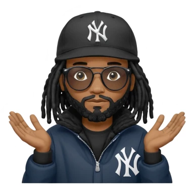 African American man with shoulder length black dreadlocks with black beard wearing black sunglasses wearing a black New York Yankees logo baseball cap wearing a black bubble winter coat with hands down with both palms facing down sticker