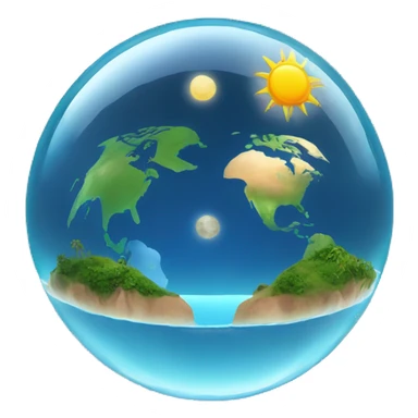 earth inside a fishbowl dome with the sun on the right side and the moon on the left side both inside the dome with islands and water surrounding them sticker