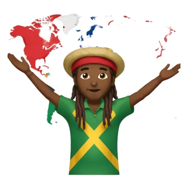 Rasta man with arms wide open 🙌🏾🔥 standing in front of world map 🌍🎶 with every flag 🇯🇲🇺🇸🇬🇧🇫🇷🇮🇳🇧🇷🇳🇬 saying ONE LOVE 💛💚❤️ to di world 🌐🦁 sticker