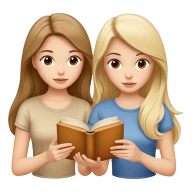 two beautiful girls in beige tops reading a beautiful vintage book. one brunette, the other blonde. both with long hair with sticker