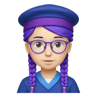 blue uniform wearing scout kid with purple braids and glassess with blue hat sticker