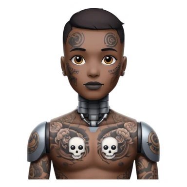 black Tatooed robot, big many tatooes on chest, neck and face, white tatoo on face sticker