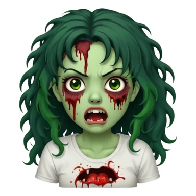 a zombie with long curly black hair volumoso, brown eyes, a white t-shirt and a splash of blood on her t-shirt, mouth open like a zombie, green skin color, not much expression, no drawing on shirt, no hands showing, less blood on her face, less blood, black hair and black eyes sticker