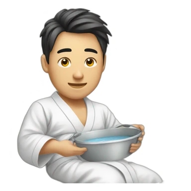 A Korean man in a bathrobe on the couch with a bucket sticker