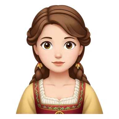 Cinematic Serene Belle Portrait Emoji, rendered in a simplified vector style. Depict a gentle Belle (chest and above) with fair, glowing skin, softly cascading brown hair, and a calm, inviting expression, dressed in her traditional village dress. The image exudes a soft, luminous glow and is outlined with a subtle, warm light. sticker