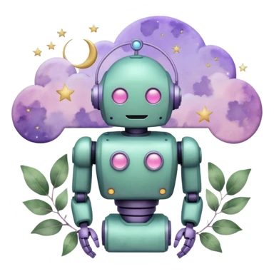 watercolor-style emoji of robot silhouette with “AI” inside a lilac cloud, connected to a soft circuit shape. gentle pastel palette (sage green, blush, lilac), surrounded by leaves, moon, and stars — poetic and calm aesthetic. sticker