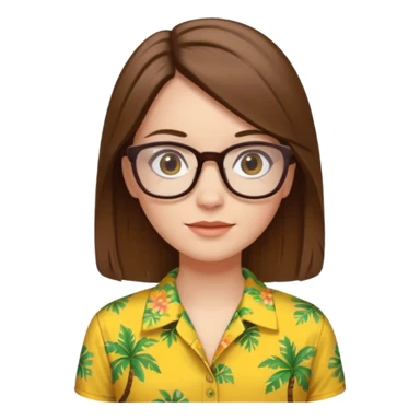 Hawaii female with white skin. Shoulder length straight brown hair. Brown eyes with glasses. Female wearing yellow Hawaiian print shirt. sticker