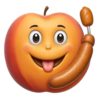 A peach with handmarks with a big bratwurst in his mouth sticker