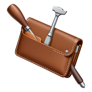 Leatherworking icon, piece of raw leather being crafted into a leather wallet or belt, professional tools like leather stitching awl, edge beveler, hammer, prying tool, minimalistic style, clean lines, transparent background. sticker
