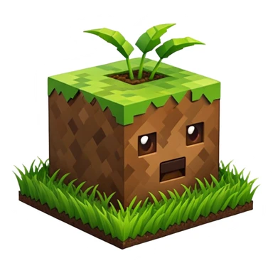 A 3D Apple-style emoji of a Minecraft grass block, cubic shape, with bright green grass on top and brown soil with pixel texture on the sides, simple and cute cartoon design. sticker