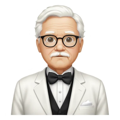 Colonel Sanders KFC, old man with white hair, white goatee, black bow tie, white suit, glasses sticker