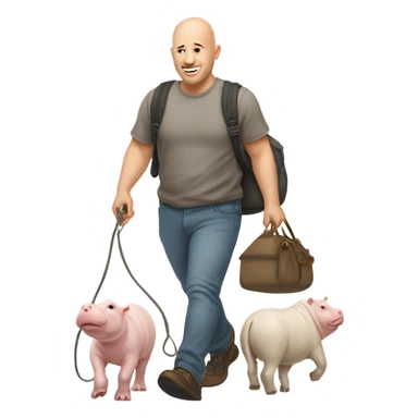 Bald man walking a bunch of Pygmy moo deng hippos by leash sticker