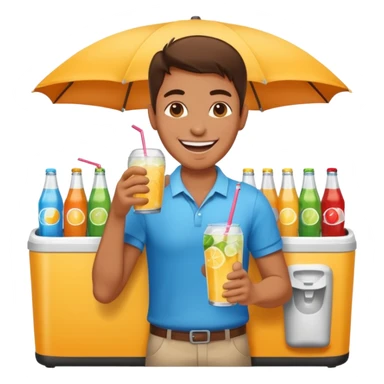 A vendor with a big beverage cooler, offering cold drinks with a wide grin sticker