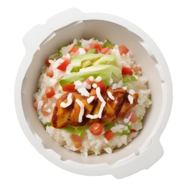 Chipotle bowl with chicken white rice cheese pico queso and lettuce in the white cardboard oval shaped bowl sticker