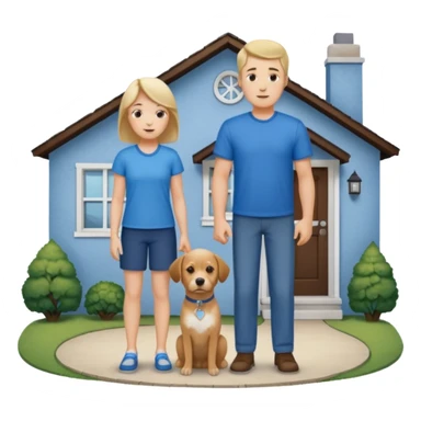 a mom and dad standing in front of a house with their son and a dog next to them (1 dog) and 1 SON not daughter the son should be very short sticker