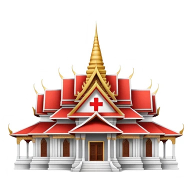Traditional Thai hospital with pointed roof architecture, red cross symbol, ornate details, with traditional Thai architectural elements sticker