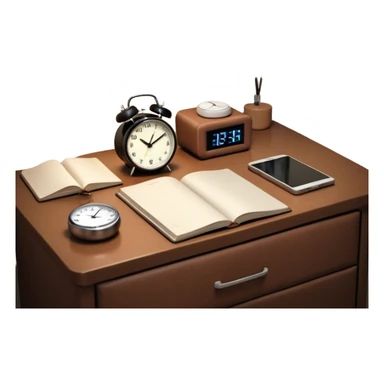 A dimly lit bedroom with a person sleeping. On a nightstand, there's  there’s a small alarm clock and a closed journal. In the background, a clean and tidy kitchen is visible, symbolizing a fresh start for the morning. The scene gives off a feeling of calm, intention, and preparation. sticker