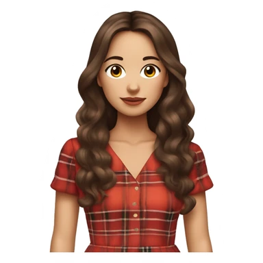 Pretty peach skin brunette woman with long hair and rosy cheeks in red plaid babydoll dress sticker
