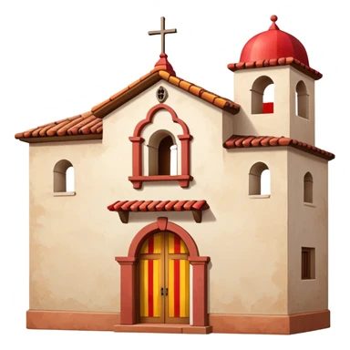 Spanish mission style house with bell tower and arches, displaying a Spanish flag (red-yellow-red horizontal stripes) hanging from a window sticker