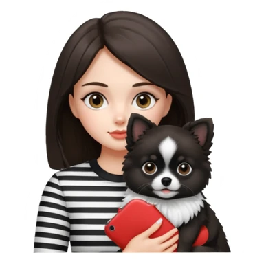 an brunette hair girl holding her black and white pomeranian dog that has white middle part in the face kinda looks like a panda sticker