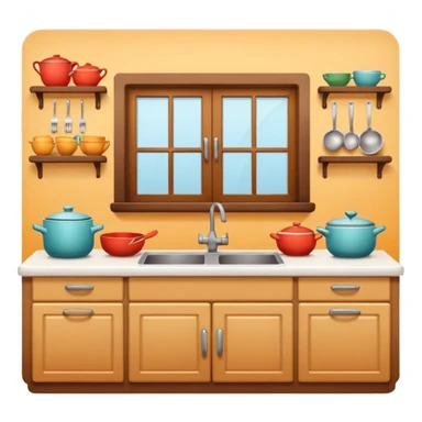 A cozy home kitchen in clean emoji-style illustration. Warm colors, simple shapes, homemade dishes on the counter, friendly atmosphere, flat design, high contrast, clear outlines. sticker