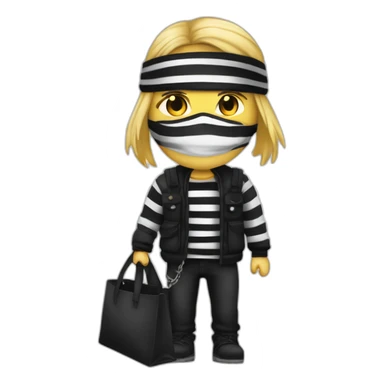 robber with semi long blonde hair wearing a black beanie and a long sleeved white and black horizontally striped t-shirt and wearing black eye mask and a bag of money in his shoulder sticker