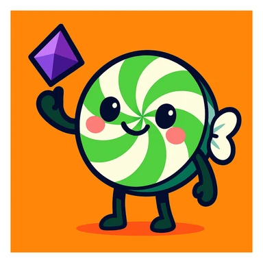adorable spearmint candy with a smiling face holding a Twitch bit, vibrant toon style sticker