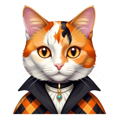 Cinematic Noble Calico Cat Portrait Emoji, Poised and regal, with a striking patchwork coat in vibrant orange, black, and white hues, delicate whiskers and a refined, focused gaze, simplified yet exquisitely detailed, glowing with a soft, moonlit radiance and an air of aristocratic elegance, high shine, exuding dignified intelligence and poised authority, soft glowing outline, capturing the essence of a watchful and noble calico cat that appears ready to grace the screen with effortless majesty! sticker