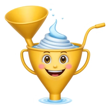 Crazy laughing emoji with an upside-down kitchen funnel on its head (not a hat), wide smile, big eyes, cartoon emoji style, bright colors. sticker