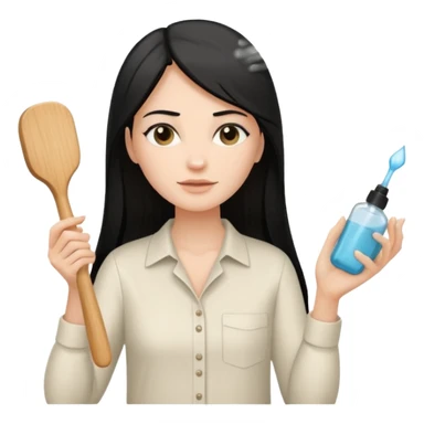 A white woman with long, straight black hair, wearing an ivory-colored shirt, holding a small square wooden paddle hairbrush in her left hand and spraying a hair mist bottle with her right hand toward her hair. sticker