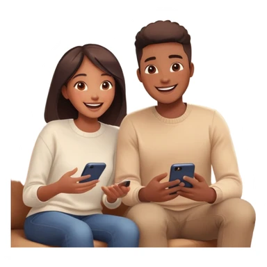 "A realistic digital illustration of two people engaged in a lively video chat on their smartphones or computers. They appear excited and happy while talking to each other. The screen of the devices shows their faces clearly, emphasizing interaction and connection. The background is blurred but suggests a cozy home environment. The image should convey a sense of fun, engagement, and new connections." sticker