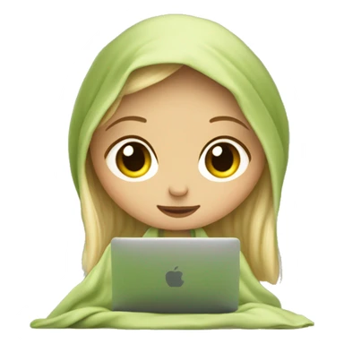 blonde girl sits under a blanket with a glass of matcha and works on a macbook sticker