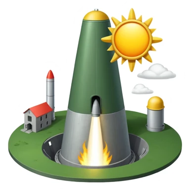 green landscape with sun in top of the background, there is a grey missile silo hatch open, and the top two thirds of a white nuclear missile launching out of the silo is shown sticker