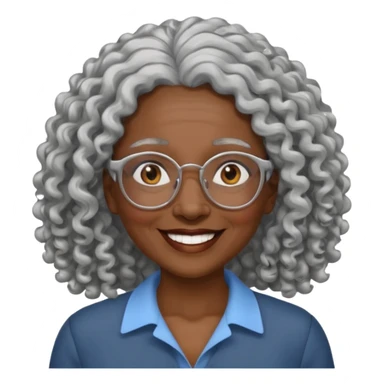 smiling dark older black woman wearing glasses with lots of long curly silver hair a sticker