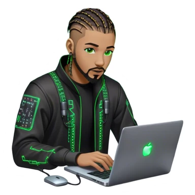 Light skinned African American male with green eyes as a cyberpunk hacker with cornrows hairstyle but short cornrows  with goatee facial hair  no beard hacking/coding on laptop  sticker