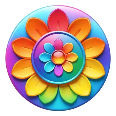 A round psychedelic colored button with bezeled edges and a rainbow colored 3D flower in the center sticker