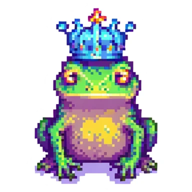 pixel art crowned frog, simple and colorful sticker