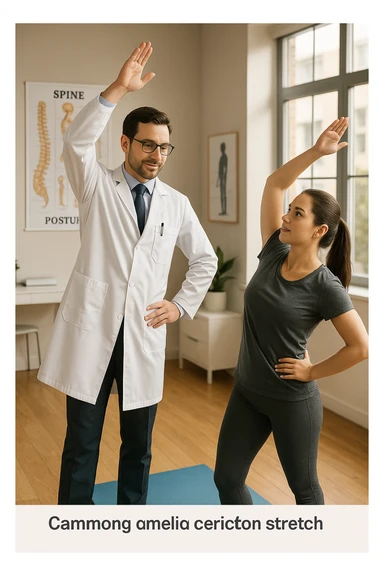 A realistic, cinematic illustration of a professional doctor in a white coat inside a bright, modern medical office, demonstrating a simple stretching exercise to a patient for improving posture. The doctor, calm and encouraging, shows a gentle spinal extension stretch while explaining its benefits for posture and spinal health, with an anatomical poster of the spine and posture alignment in the background. The scene includes a yoga mat, clean wooden floors, and natural light streaming through large windows, creating a warm, health-focused atmosphere. The patient, in comfortable activewear, watches and mirrors the stretch, emphasizing the preventive and therapeutic role of stretching for posture correction under medical guidanc sticker